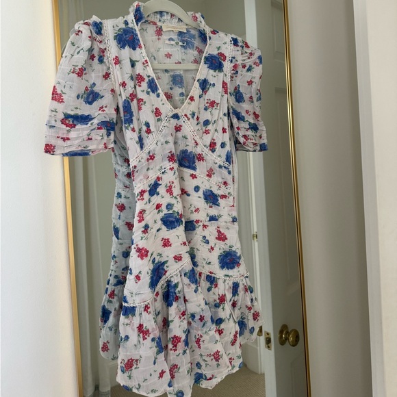 Love Shack Fancy blue red and while floral mini dress with puff sleeves